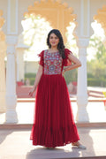 Close up of maroon georgette gown featuring detailed beads and sequins embroidery