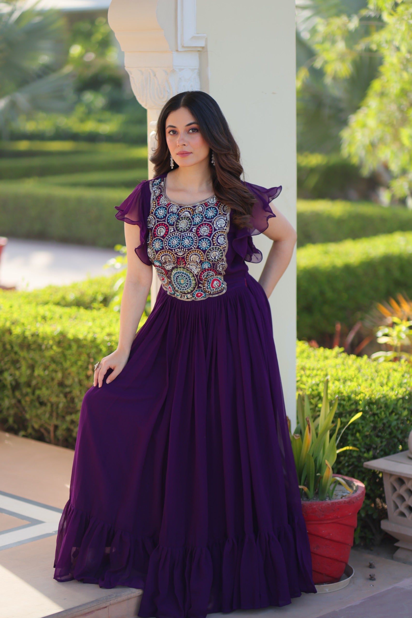 Purple Georgette Gown with Beads and Sequins Embroidery