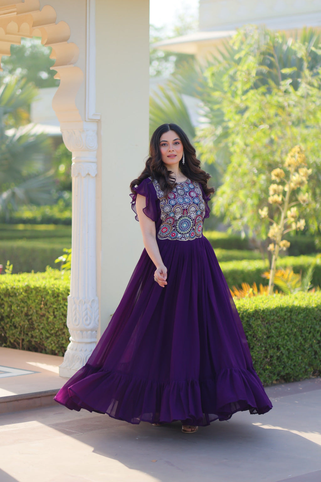 Purple Georgette Gown with Beads and Sequins Embroidery