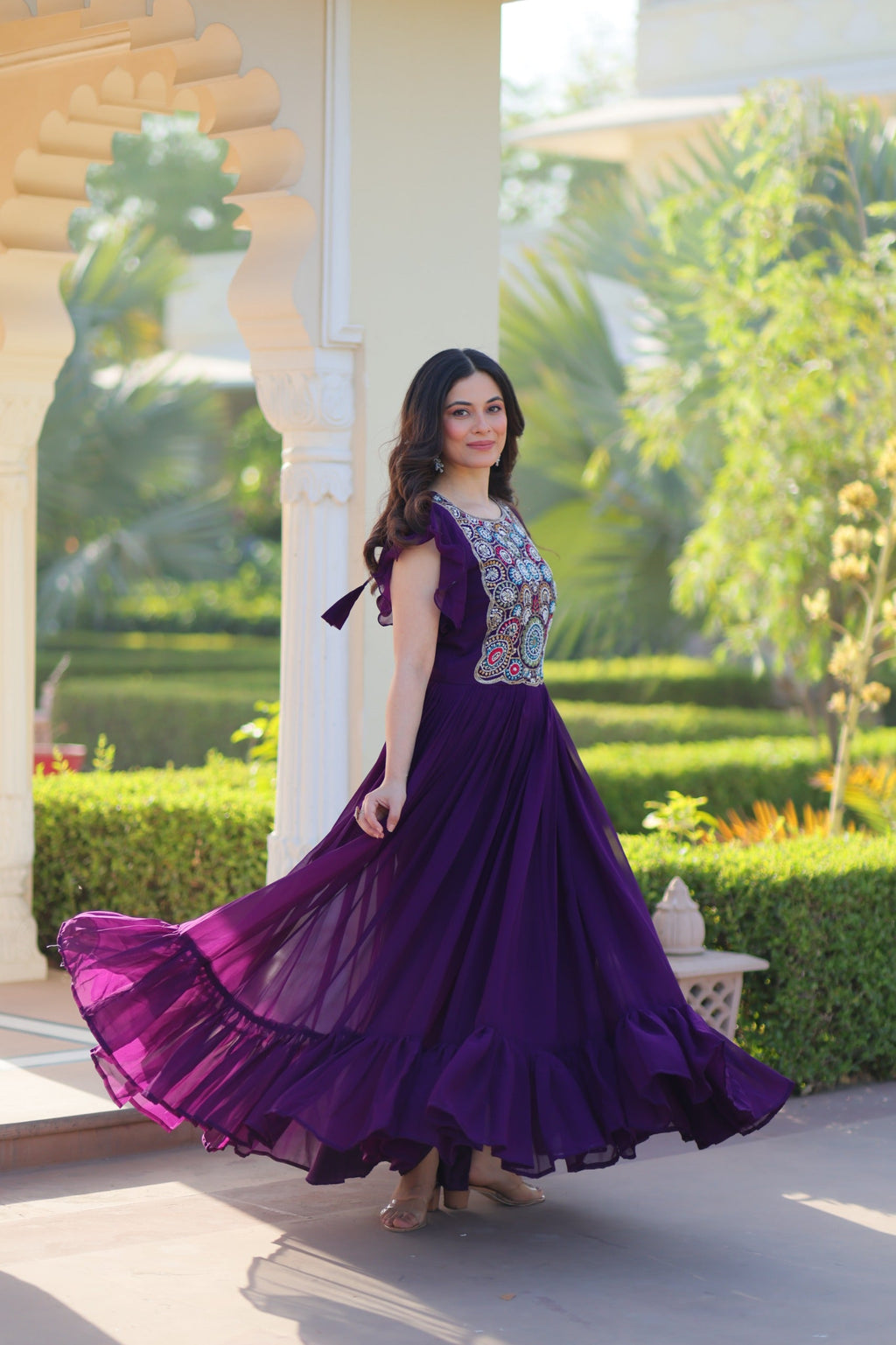 Purple Georgette Gown with Beads and Sequins Embroidery