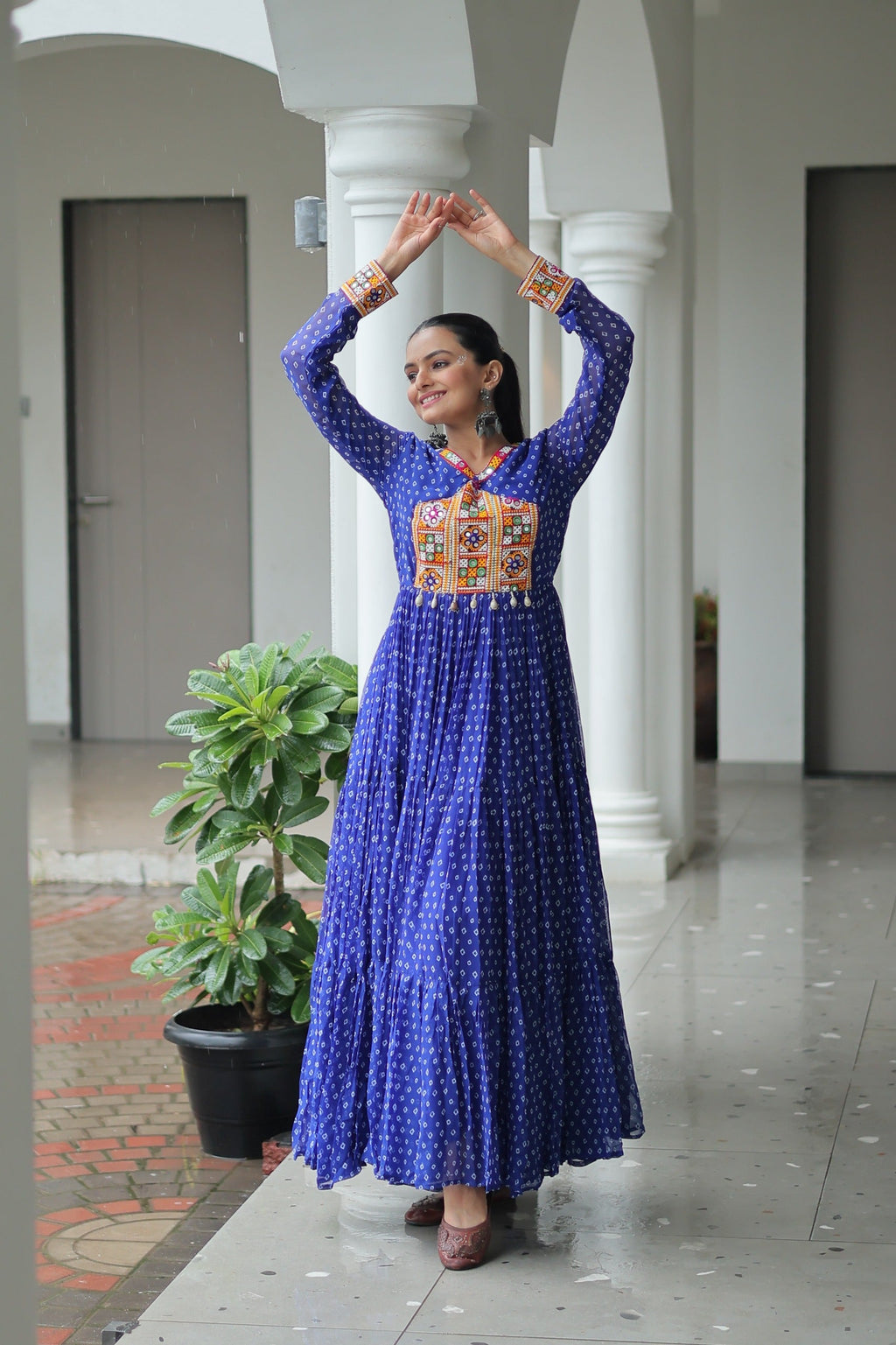 Blue Georgette Bandhani Gown with Kutchi Patchwork for Navaratri
