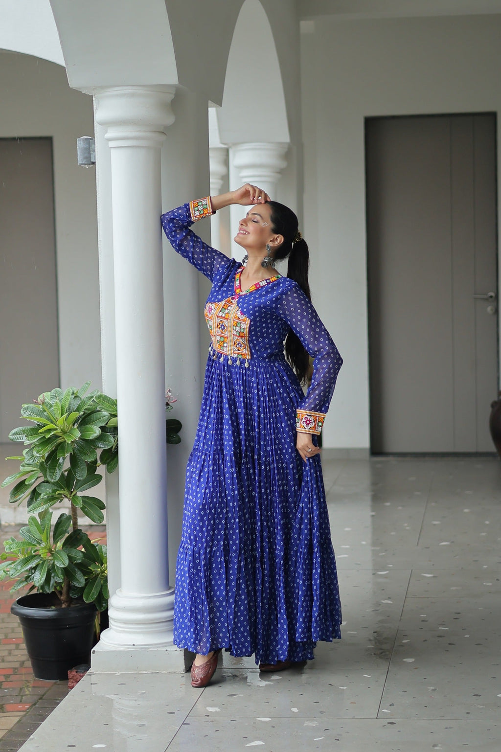 Blue Georgette Bandhani Gown with Kutchi Patchwork for Navaratri