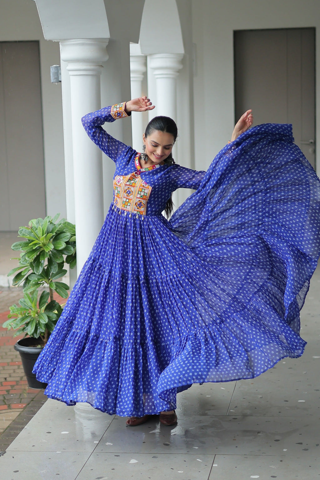 Blue Georgette Bandhani Gown with Kutchi Patchwork for Navaratri