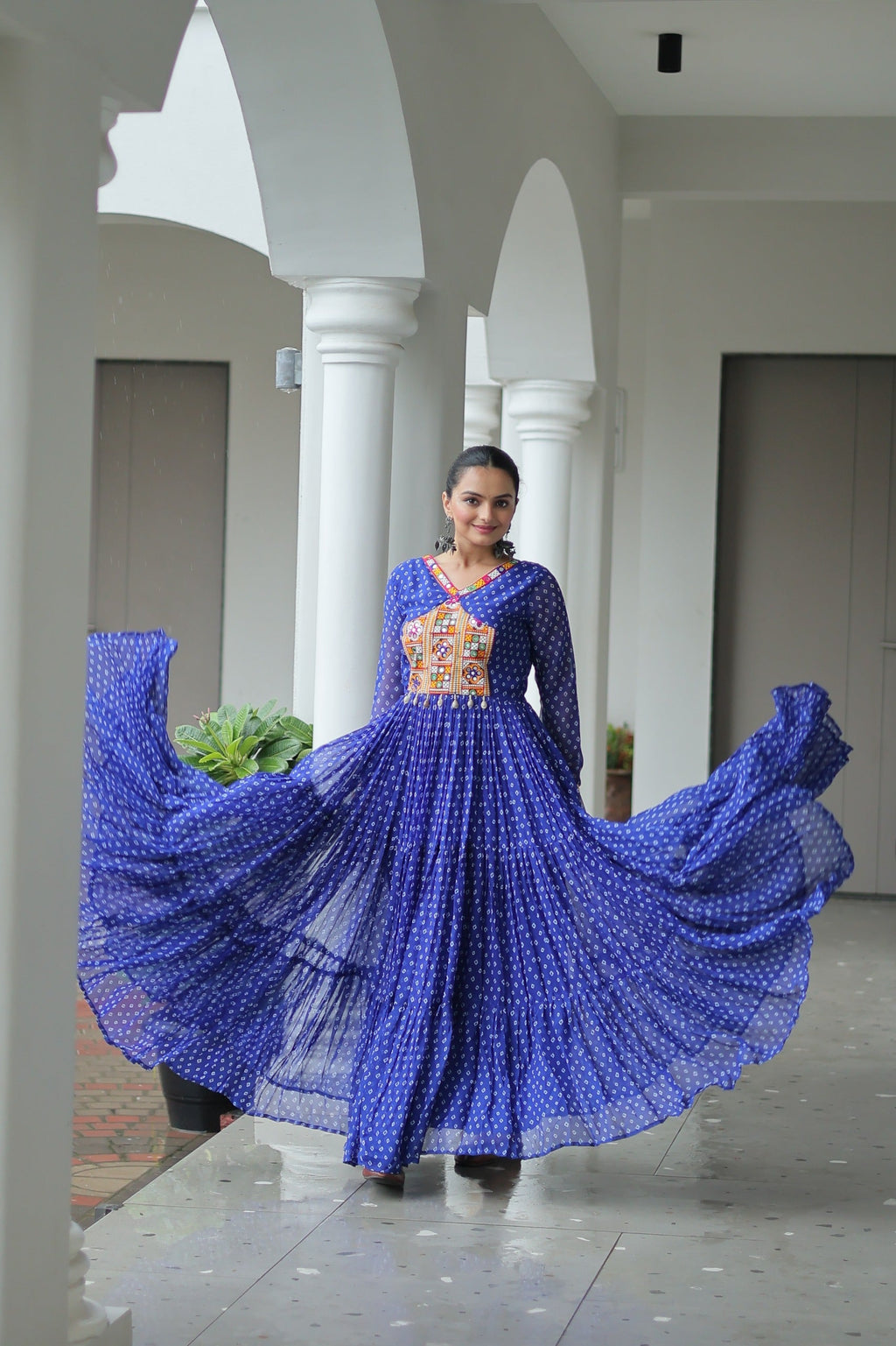 Blue Georgette Bandhani Gown with Kutchi Patchwork for Navaratri