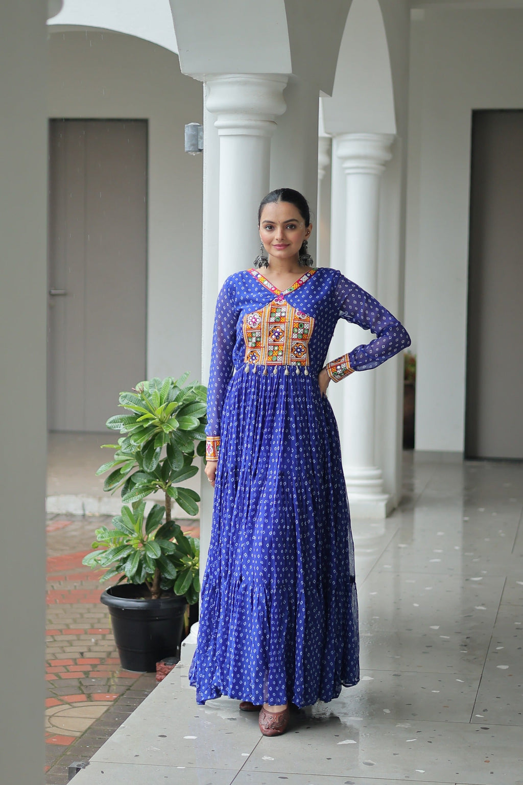 Blue Georgette Bandhani print Navaratri gown with intricate Kutchi patchwork