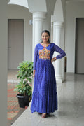 Blue Georgette Bandhani print Navaratri gown with intricate Kutchi patchwork