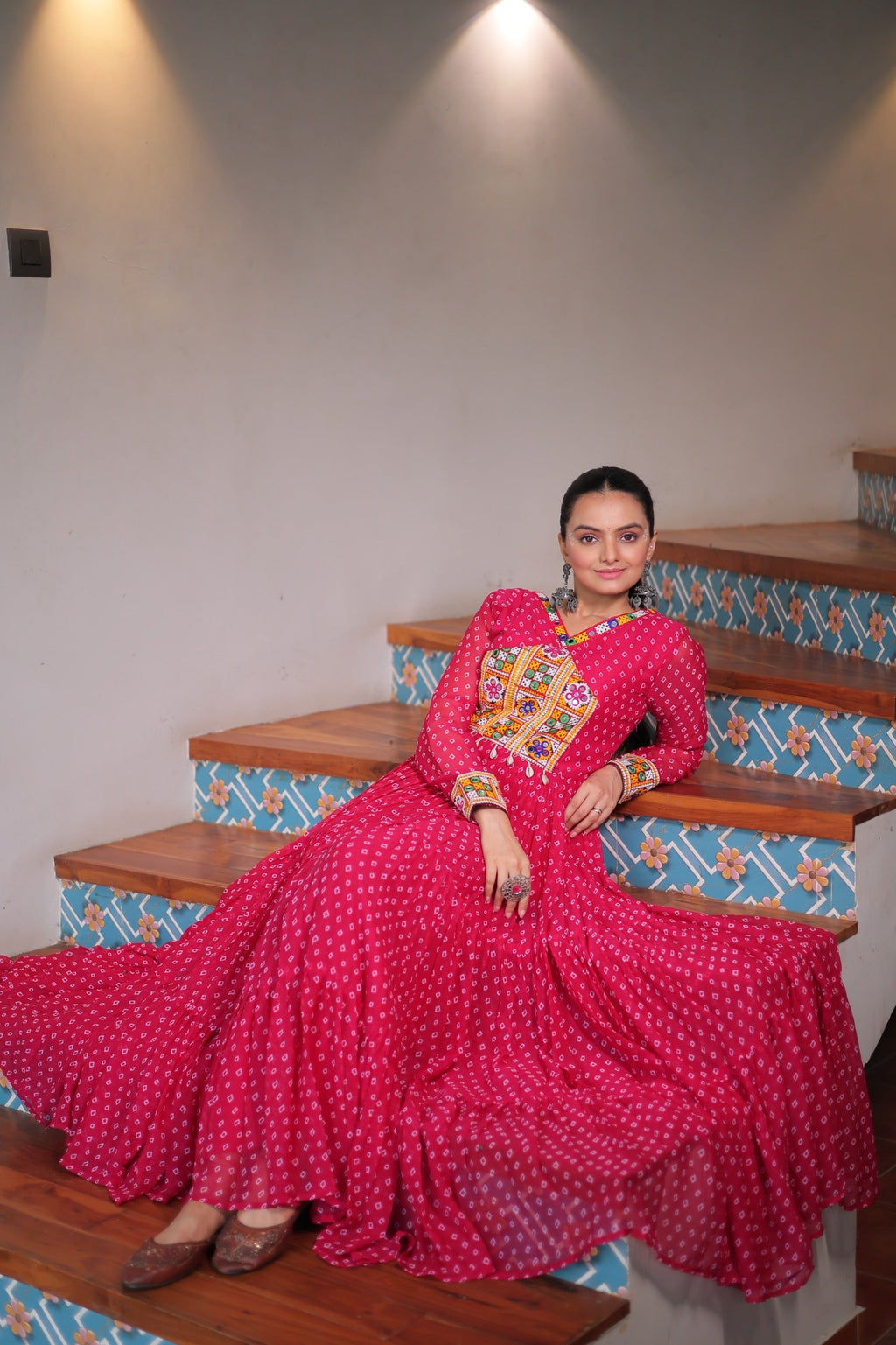 Pink Georgette Bandhani Printed Gown with Kutchi Patchwork