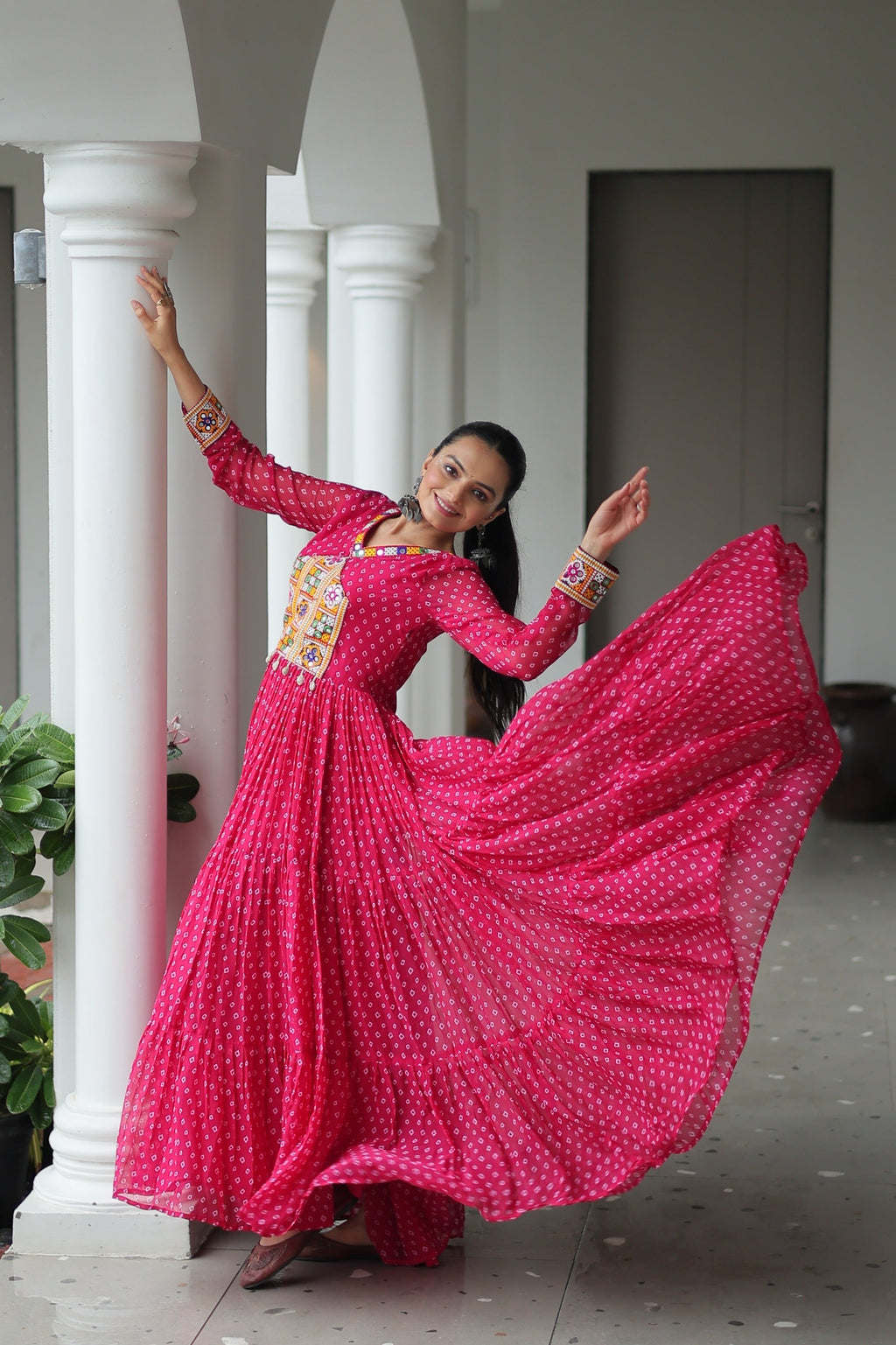 Pink Georgette Bandhani Printed Gown with Kutchi Patchwork