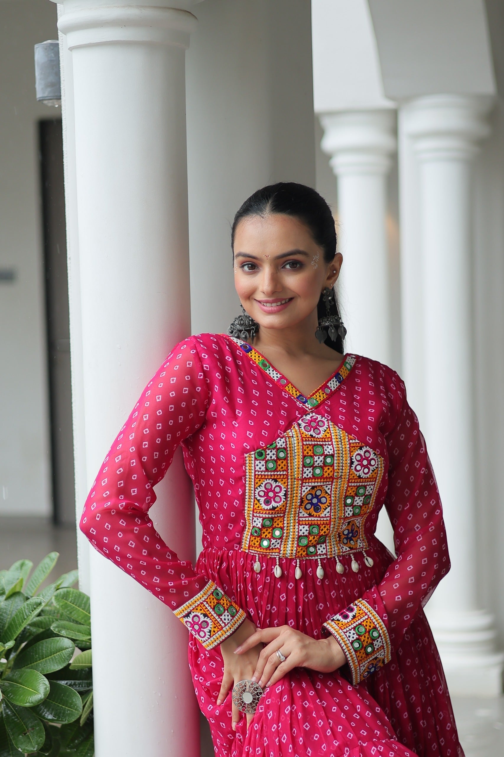 Pink Georgette Bandhani Printed Gown with Kutchi Patchwork