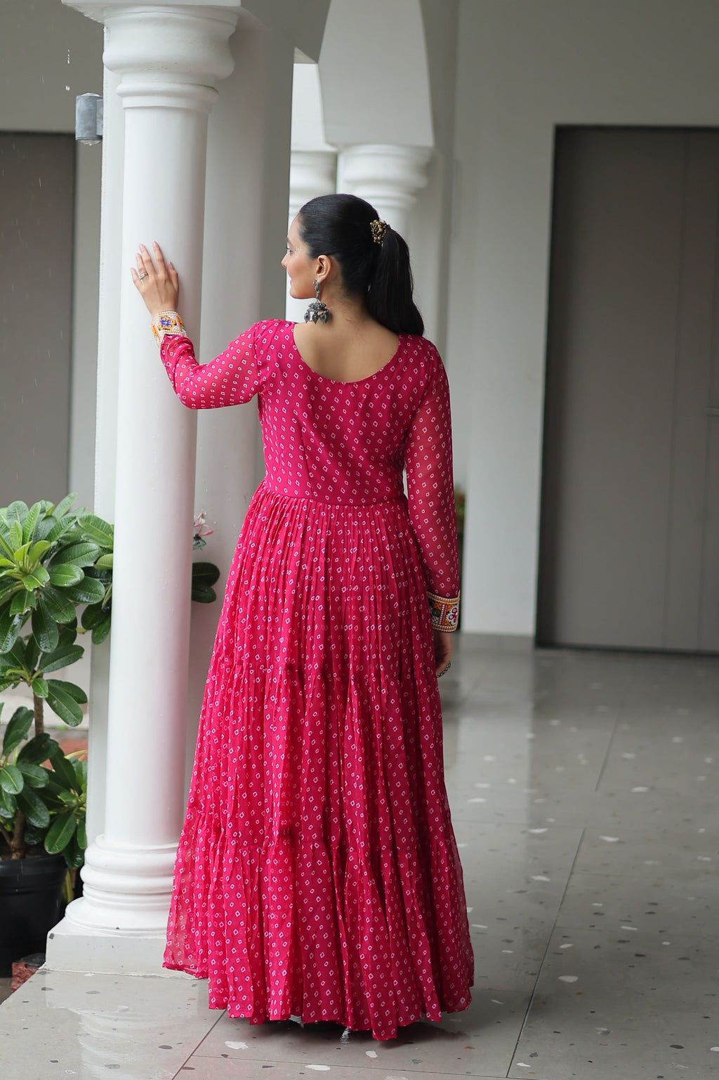 Pink Georgette Bandhani Printed Gown with Kutchi Patchwork