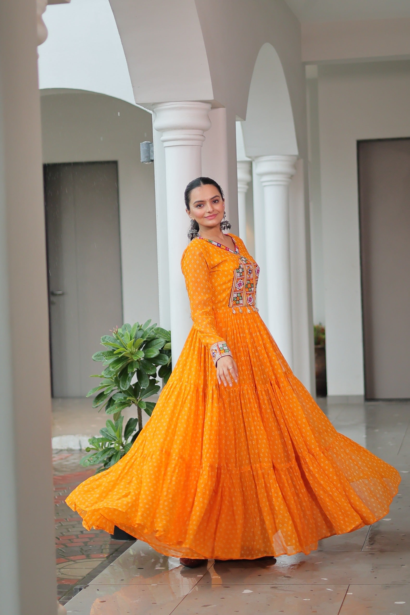 Prazu Fashion Yellow Georgette Bandhani Printed With Kutchi Patchework Navaratri Gown