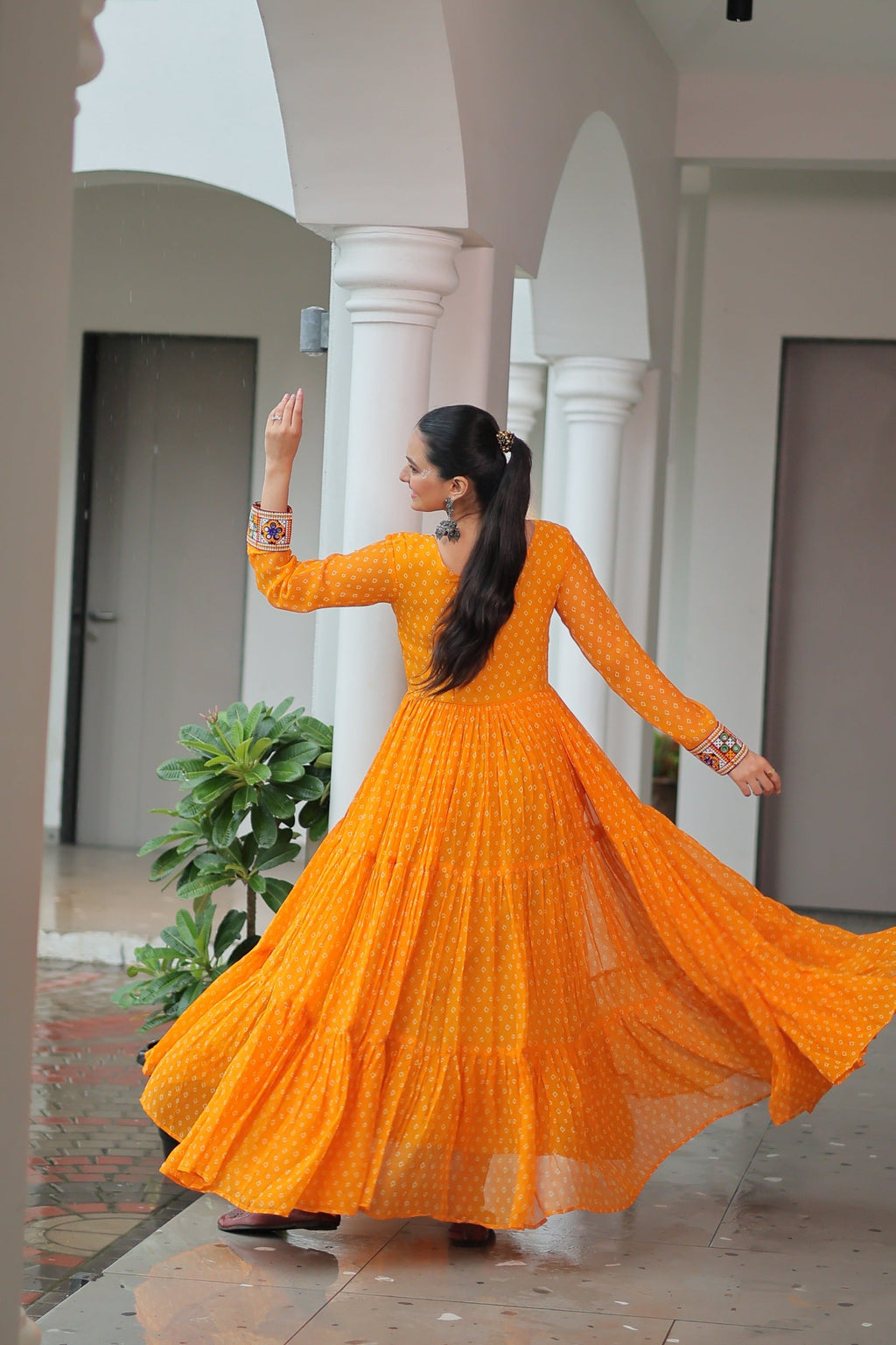 Prazu Fashion Yellow Georgette Bandhani Printed With Kutchi Patchework Navaratri Gown