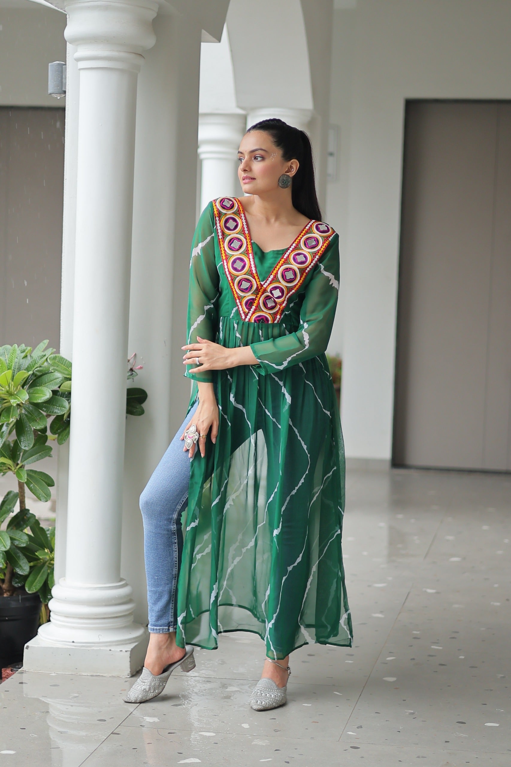 Prazu Fashion Green Georgette Leheriya Printed With Kutchi Patchework Navaratri Gown