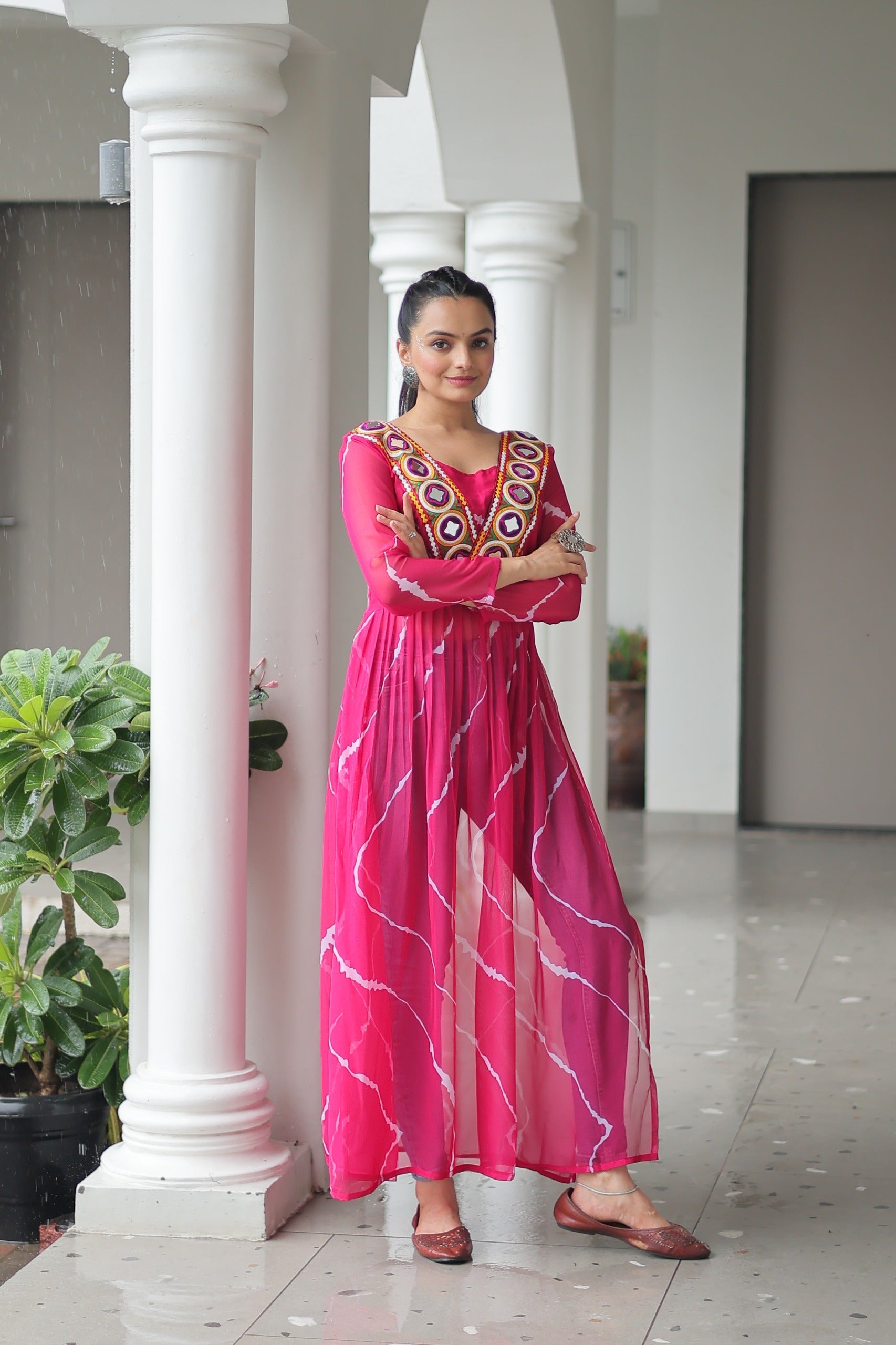 Pink Georgette Leheriya Print Navratri Gown with Kutchi Patchwork