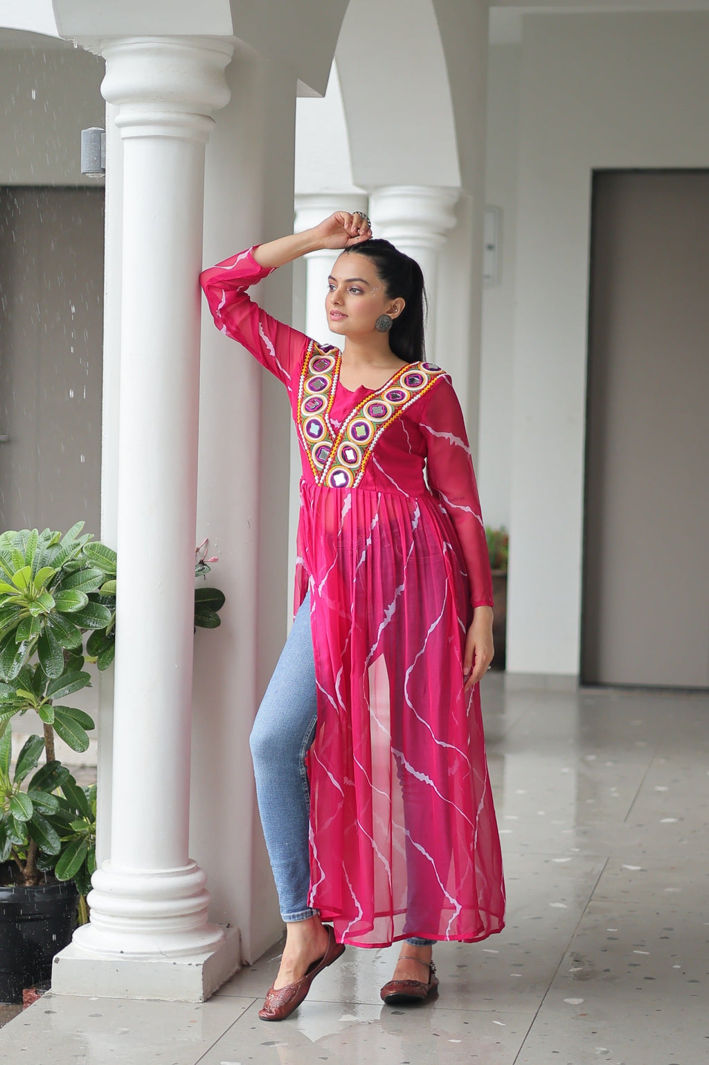 Pink Georgette Leheriya Print Navratri Gown with Kutchi Patchwork