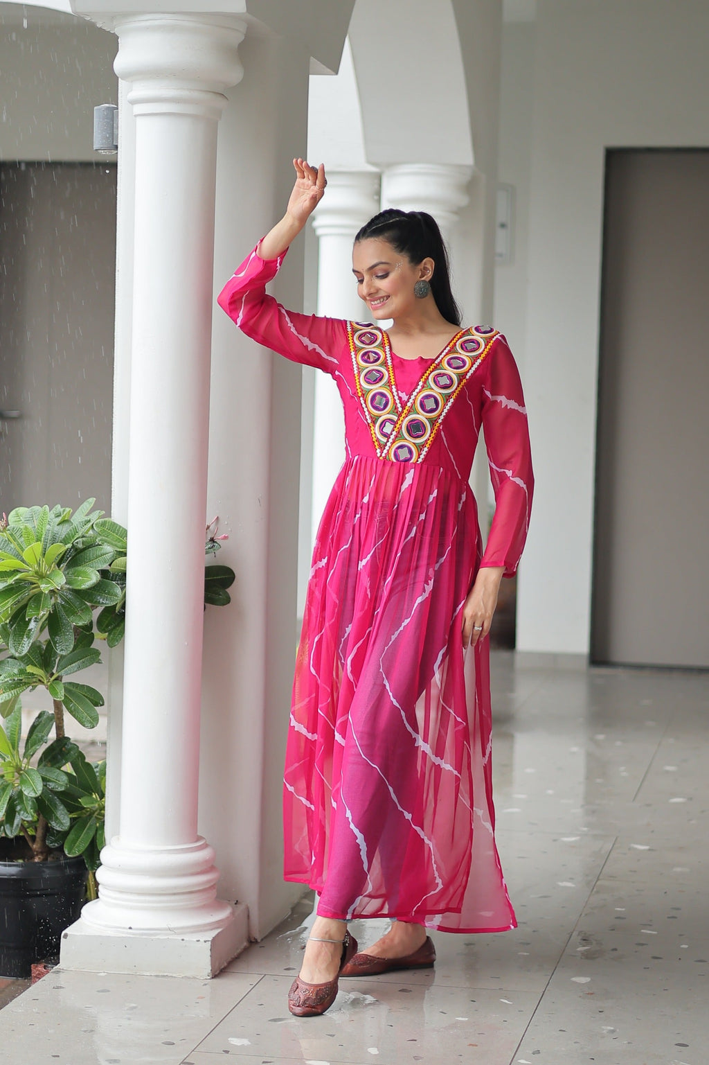 Pink Georgette Leheriya Print Navratri Gown with Kutchi Patchwork