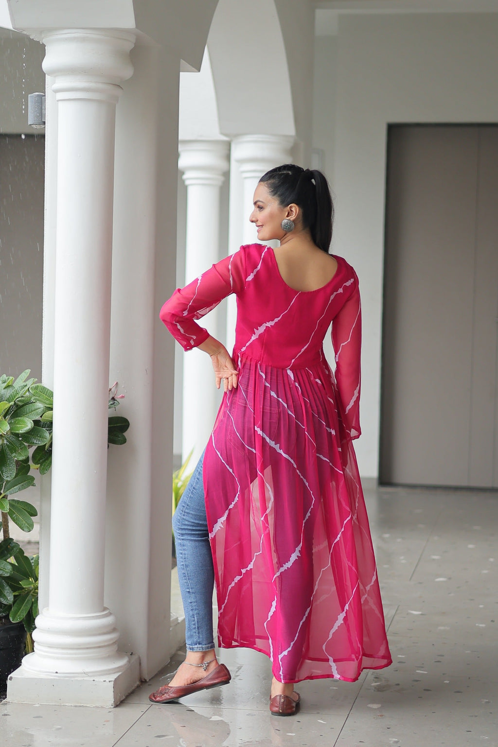 Pink Georgette Leheriya Print Navratri Gown with Kutchi Patchwork