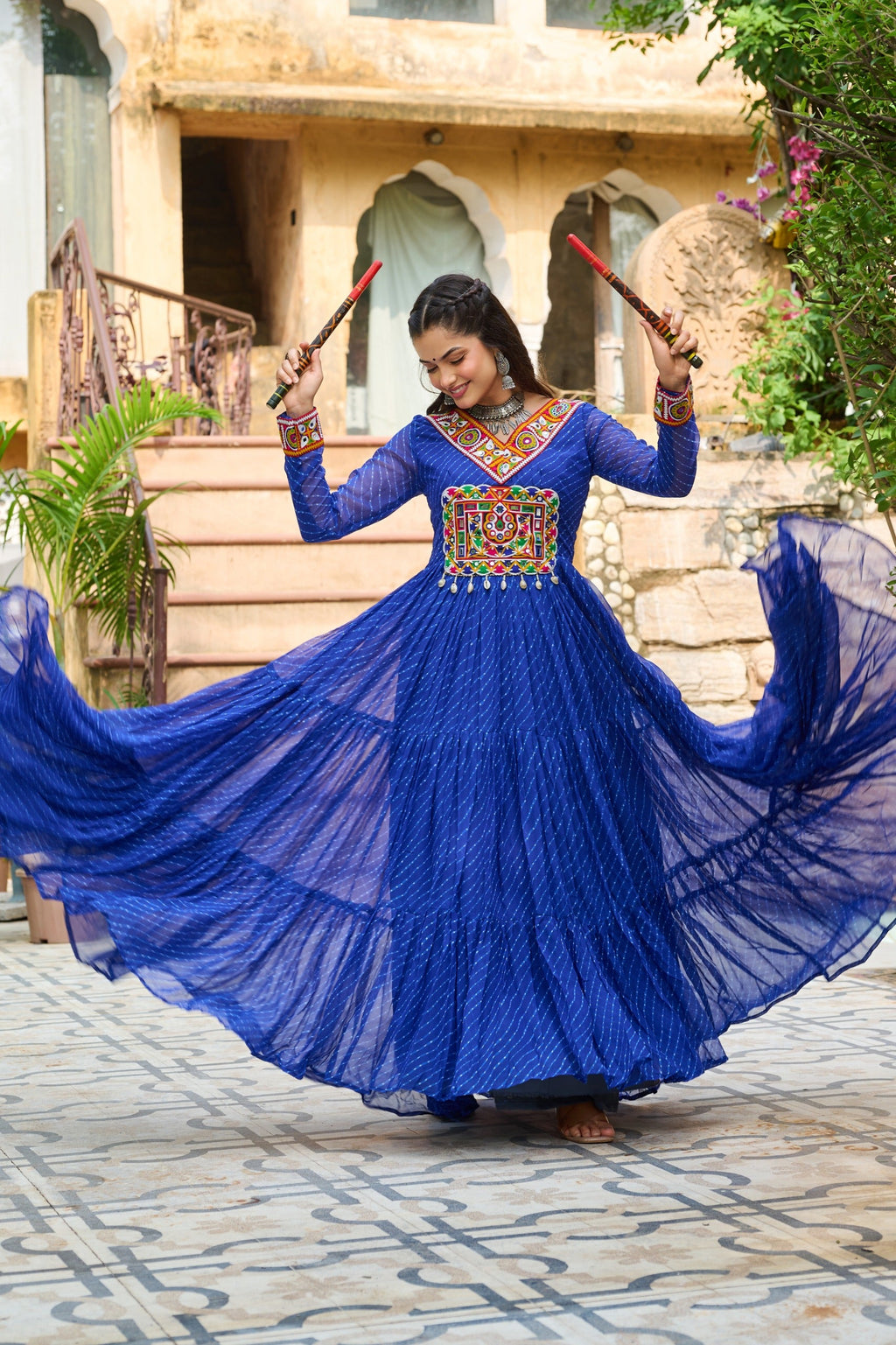 Prazu Fashion Blue Georgette Leheriya Print Work With Kutchi Patchework Navaratri Gown