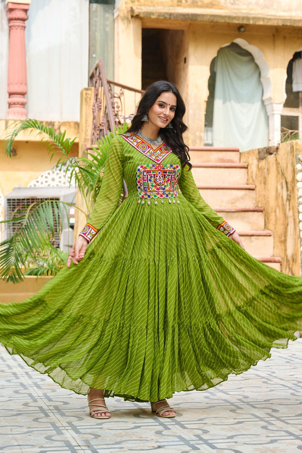 Parrot Green Georgette Leheriya Gown with Kutchi Patchwork