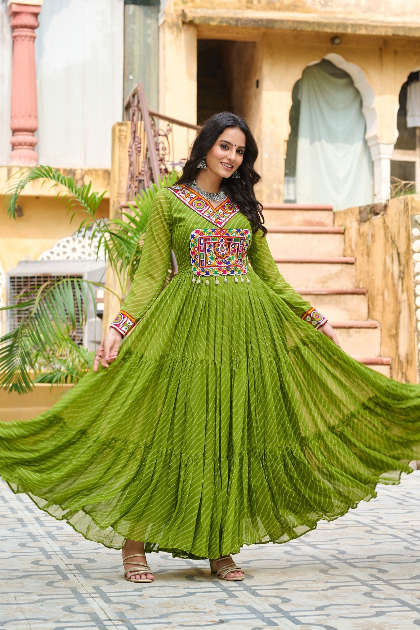 Parrot Green Georgette Leheriya Gown with Kutchi Patchwork