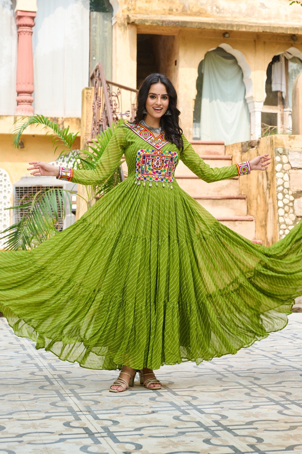 Parrot Green Georgette Leheriya Gown with Kutchi Patchwork