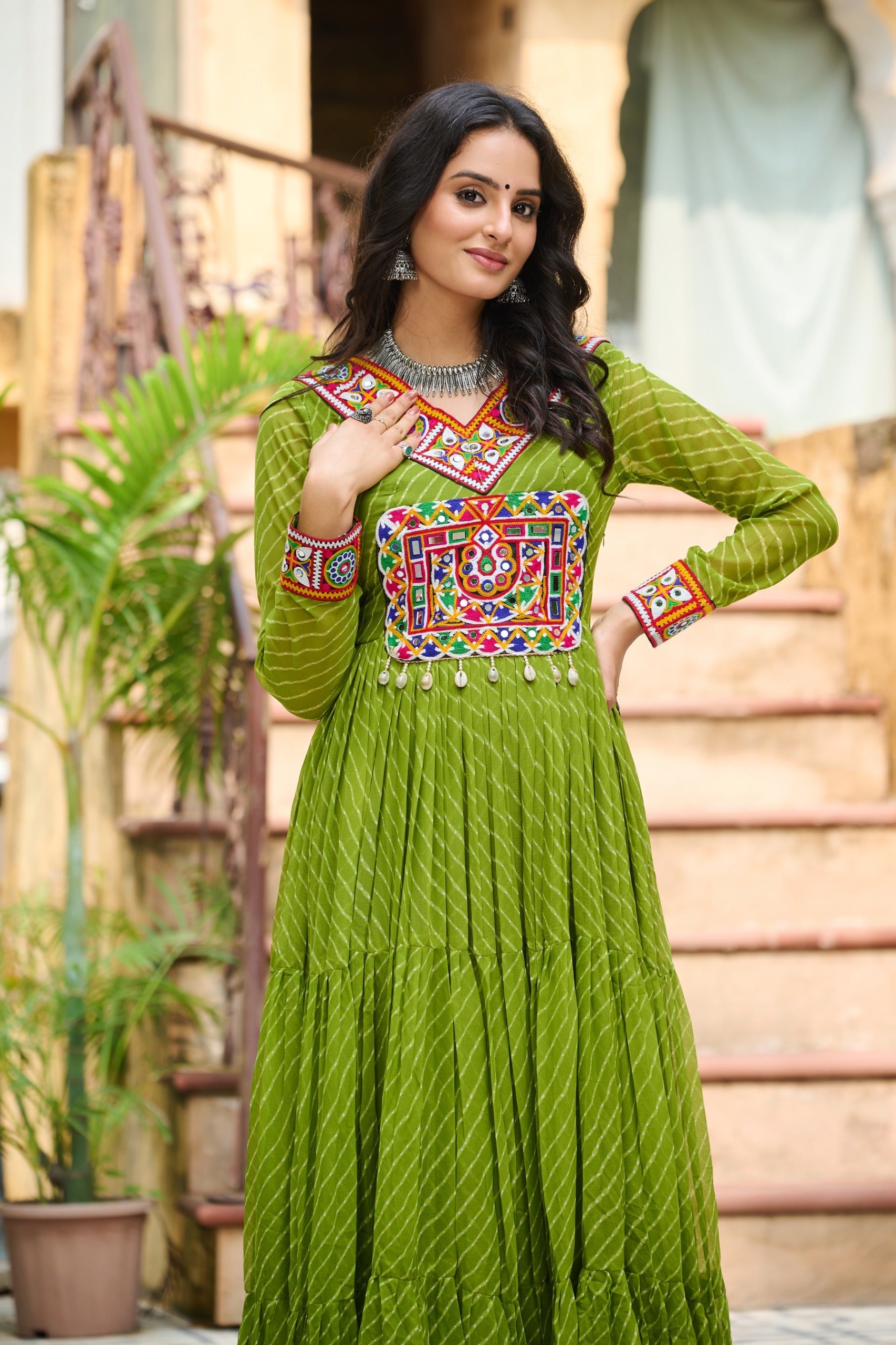 Parrot Green Georgette Leheriya Gown with Kutchi Patchwork
