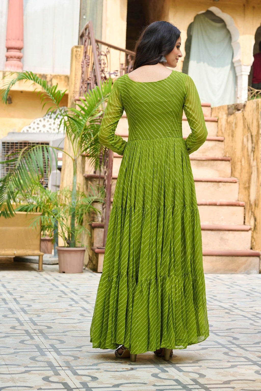 Parrot Green Georgette Leheriya Gown with Kutchi Patchwork