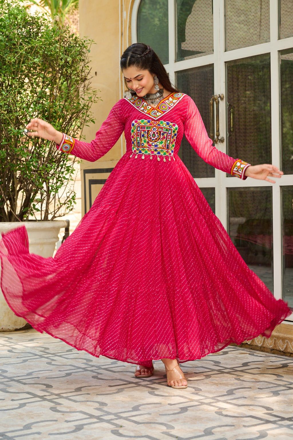 Prazu Fashion Pink Georgette Leheriya Print Work With Kutchi Patchework Navaratri Gown