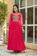 Prazu Fashion Pink Georgette Leheriya Print Work With Kutchi Patchework Navaratri Gown