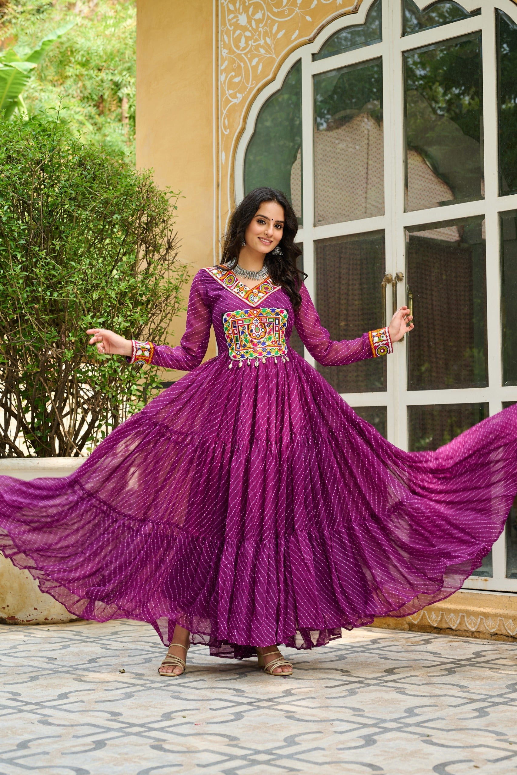 Wine Georgette Leheriya Print Gown with Kutchi Patchwork