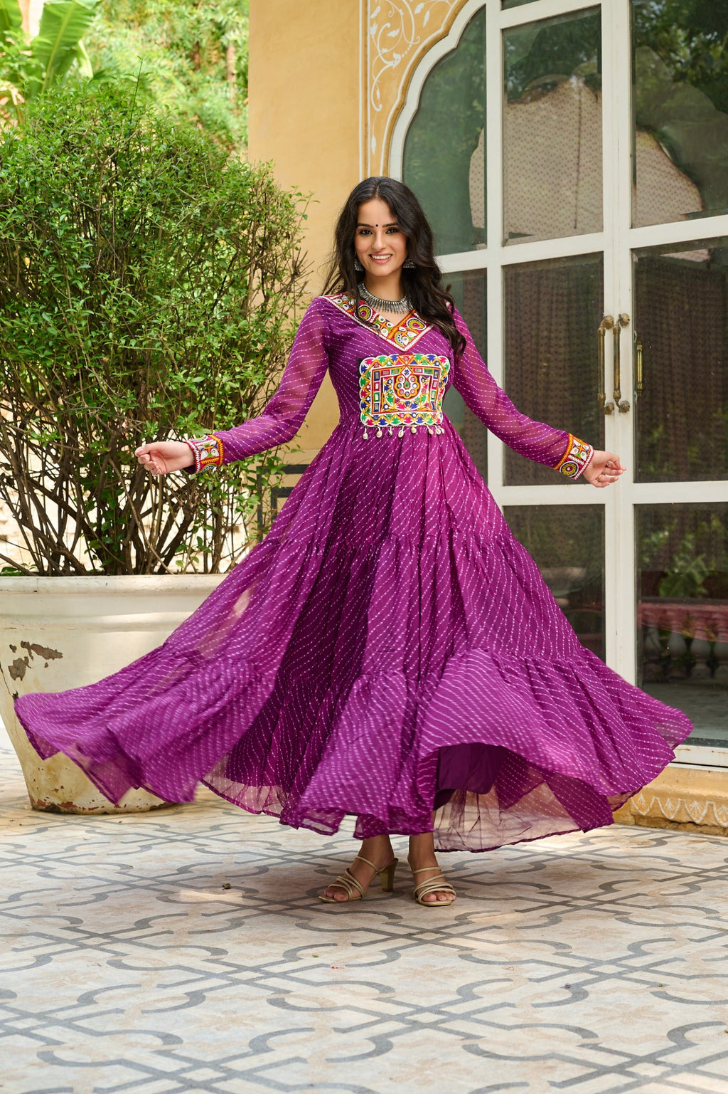 Wine Georgette Leheriya Print Gown with Kutchi Patchwork