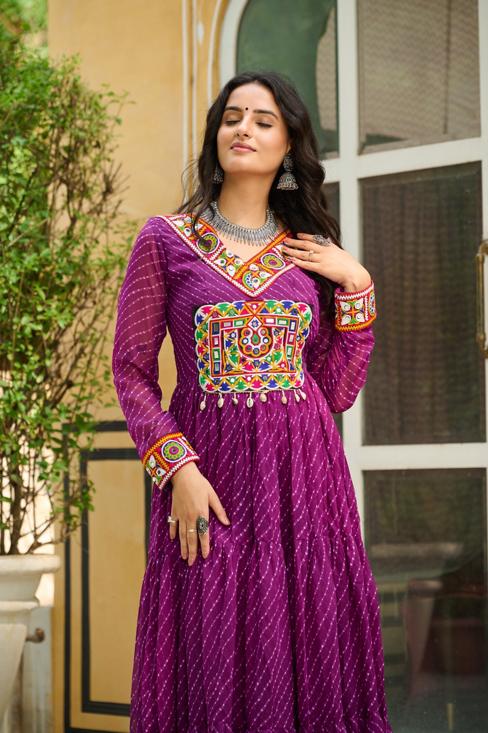 Wine Georgette Leheriya Print Gown with Kutchi Patchwork