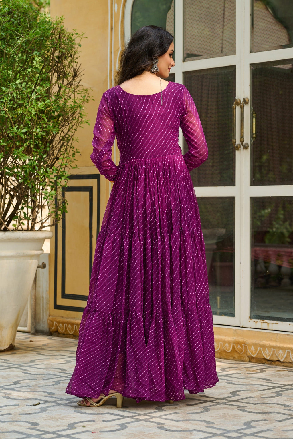 Wine Georgette Leheriya Print Gown with Kutchi Patchwork