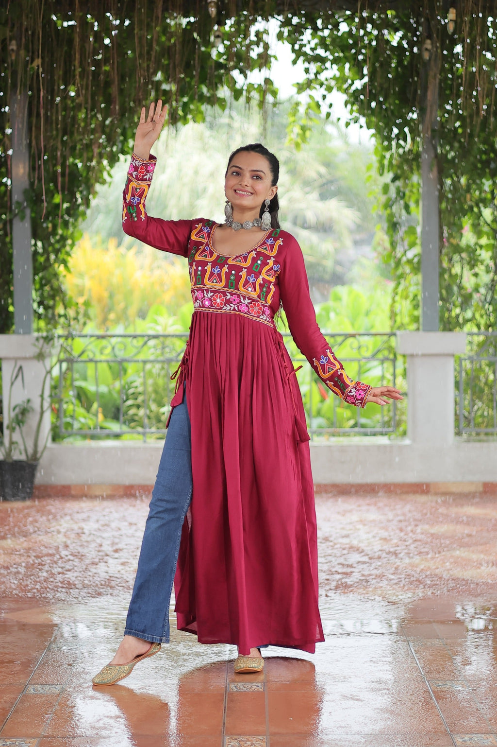 Prazu Fashion Maroon Reyon Kutchi Gamthi Work Navaratri Gown