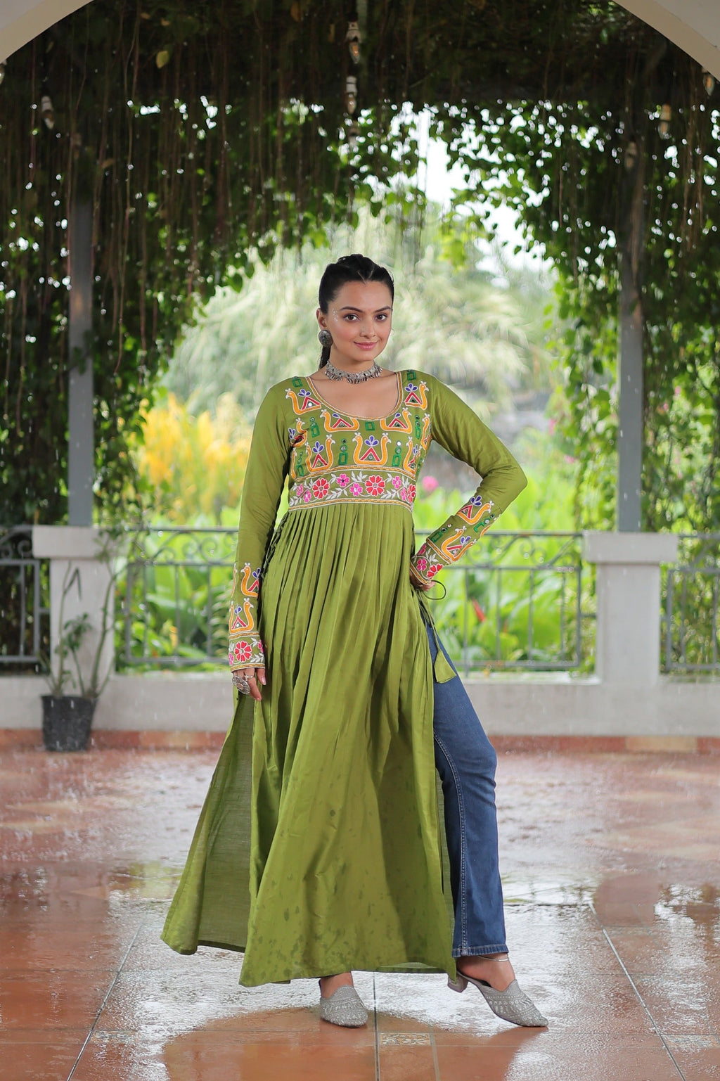 Prazu Fashion Parrot Reyon Kutchi Gamthi Work Navaratri Gown