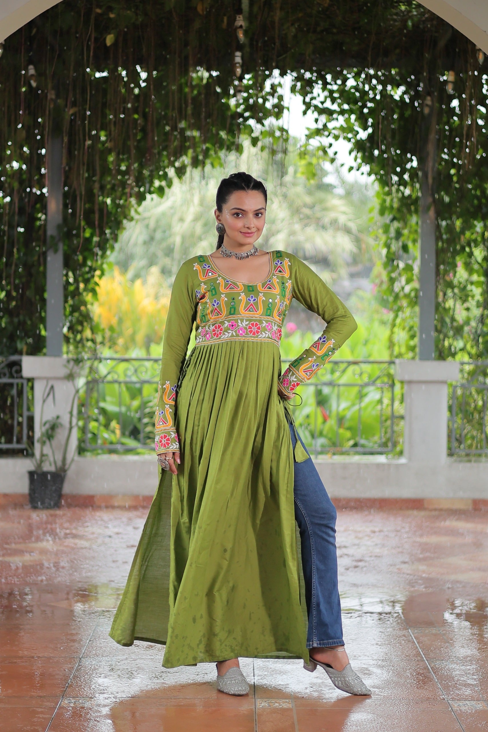 Prazu Fashion Parrot Reyon Kutchi Gamthi Work Navaratri Gown