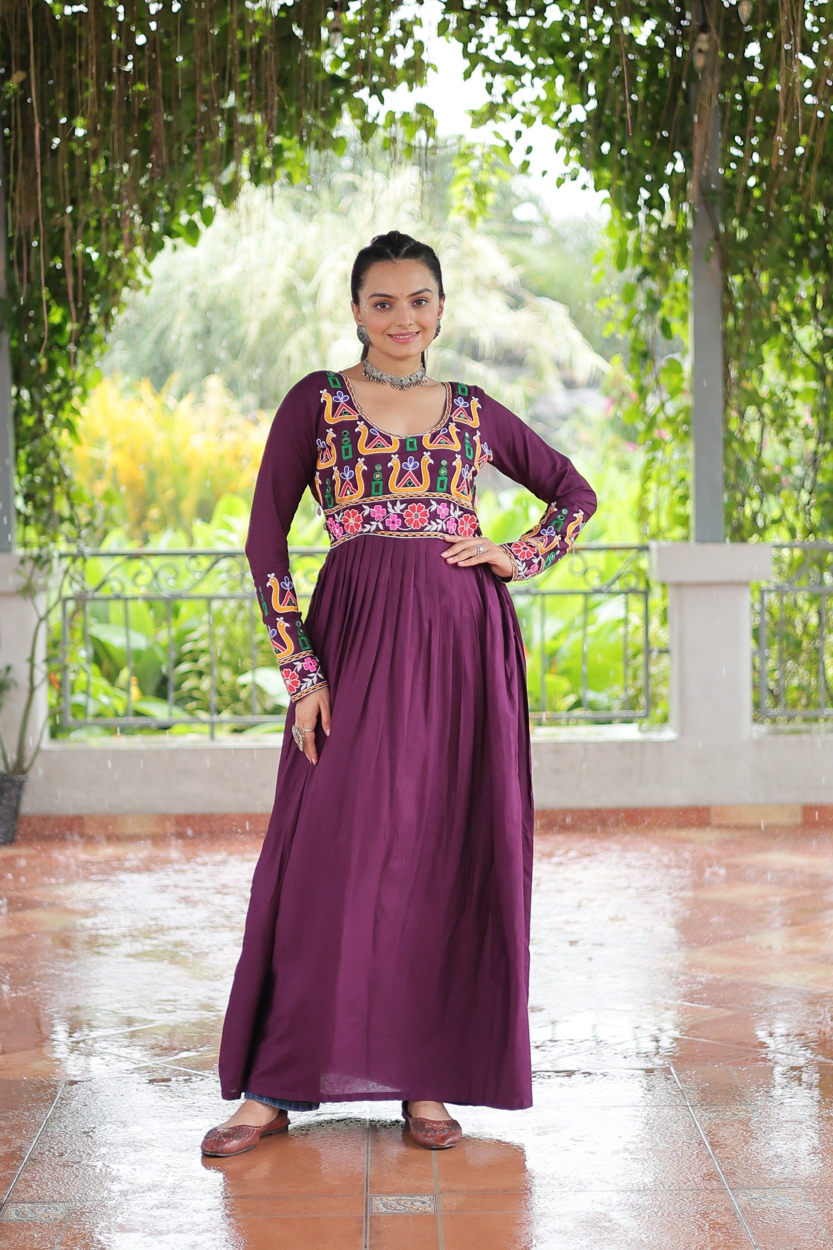 Wine Rayon Kutchi Gamthi Work Navaratri Ethnic Gown