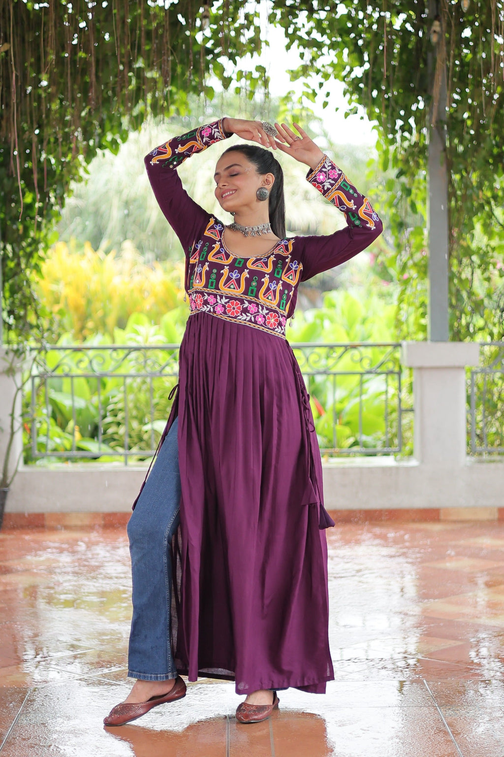 Wine Rayon Kutchi Gamthi Work Navaratri Ethnic Gown