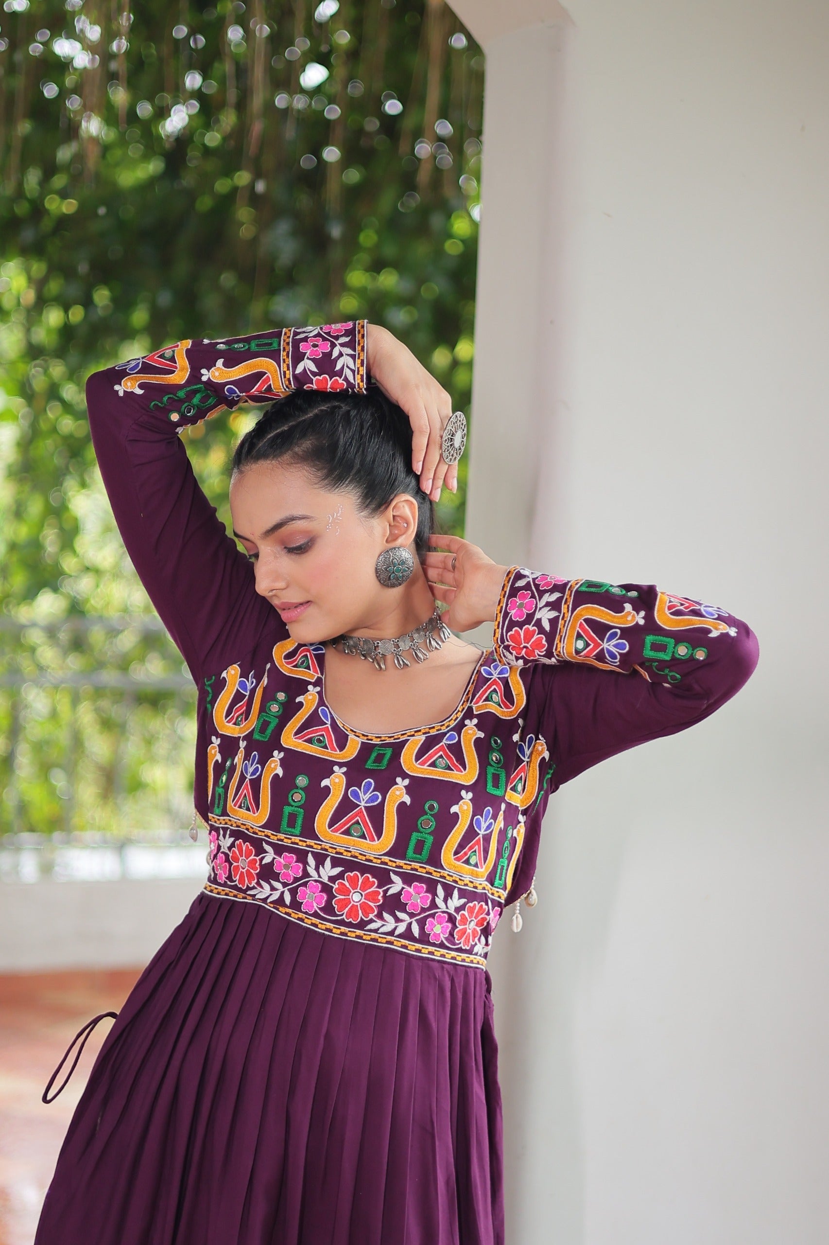 Wine Rayon Kutchi Gamthi Work Navaratri Ethnic Gown
