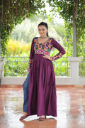 Wine-colored rayon gown with traditional Kutchi Gamthi embroidery for Navaratri