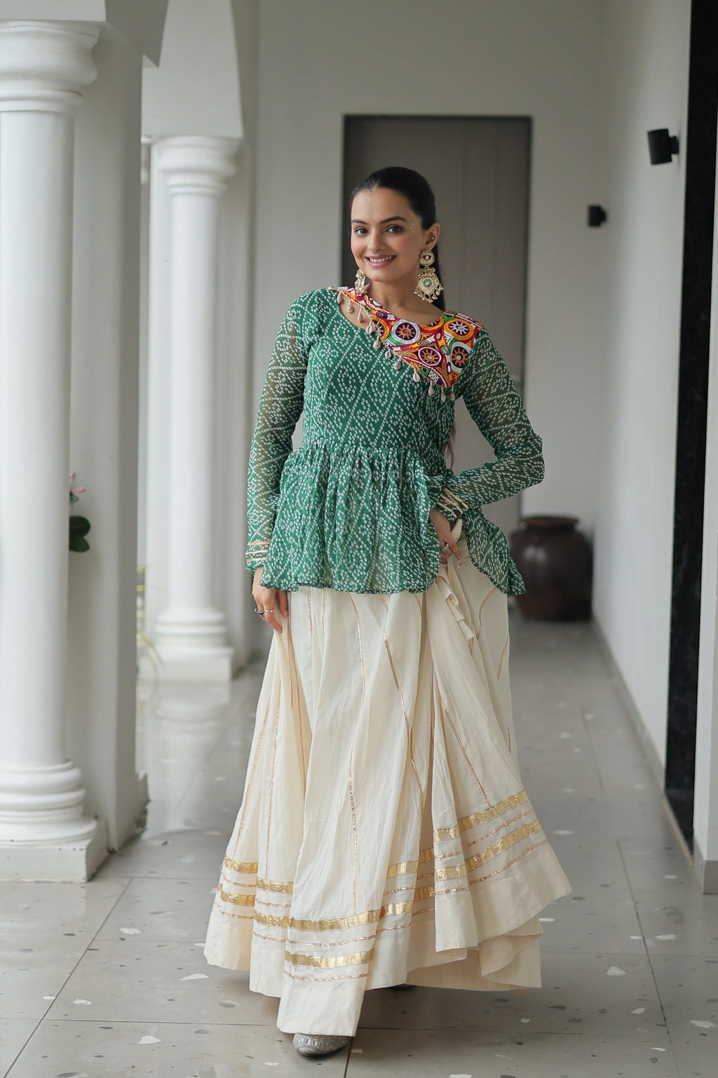 Green Bandhani Print Navaratri Lehenga with Kutchi Gamthi Work