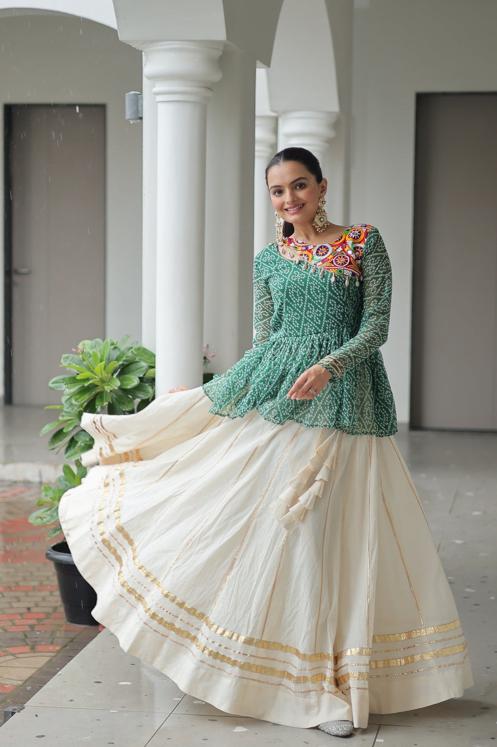 Green Bandhani Print Navaratri Lehenga with Kutchi Gamthi Work