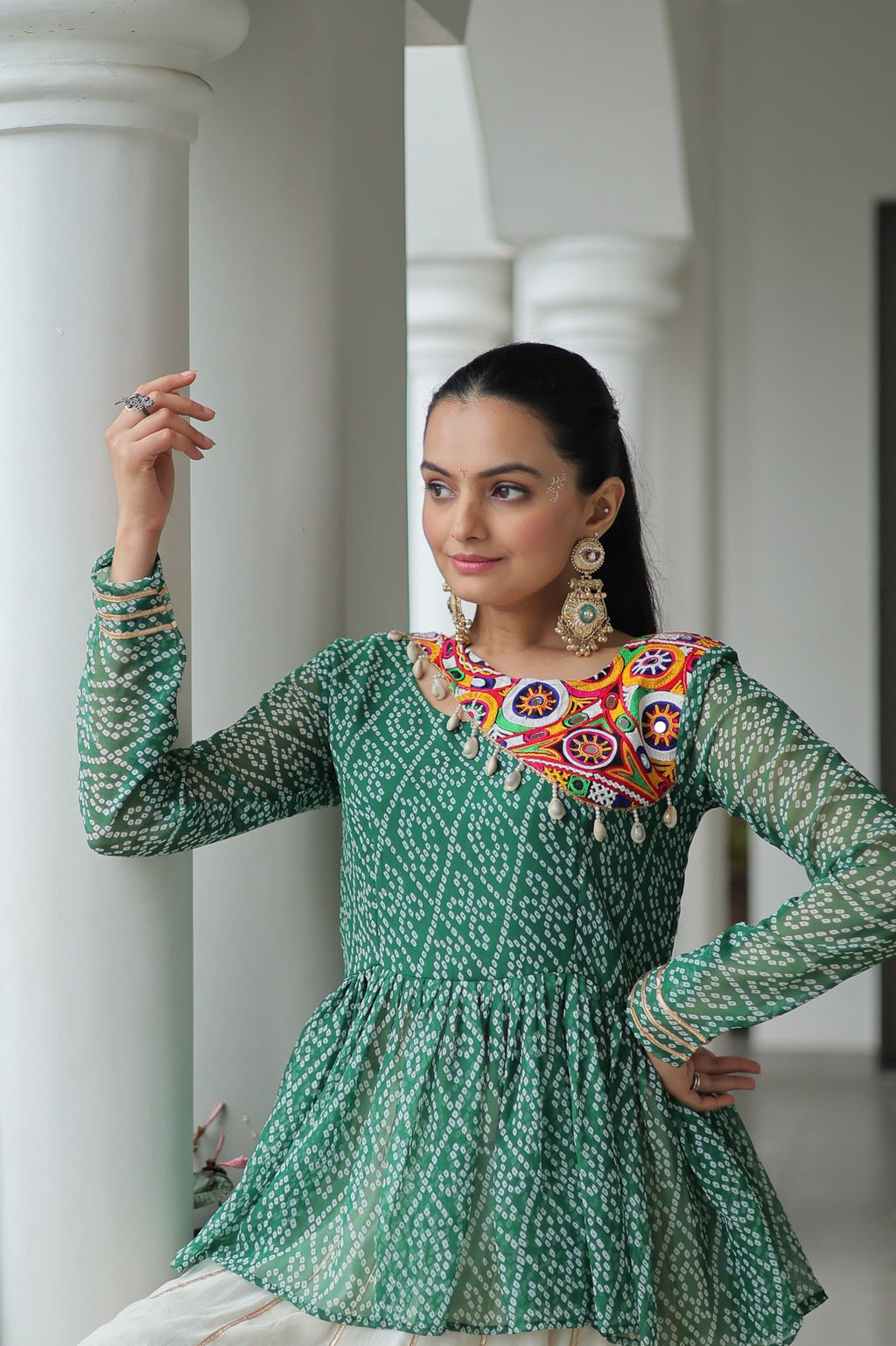 Green Bandhani Print Navaratri Lehenga with Kutchi Gamthi Work