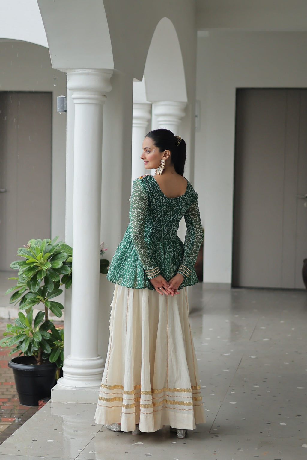 Green Bandhani Print Navaratri Lehenga with Kutchi Gamthi Work