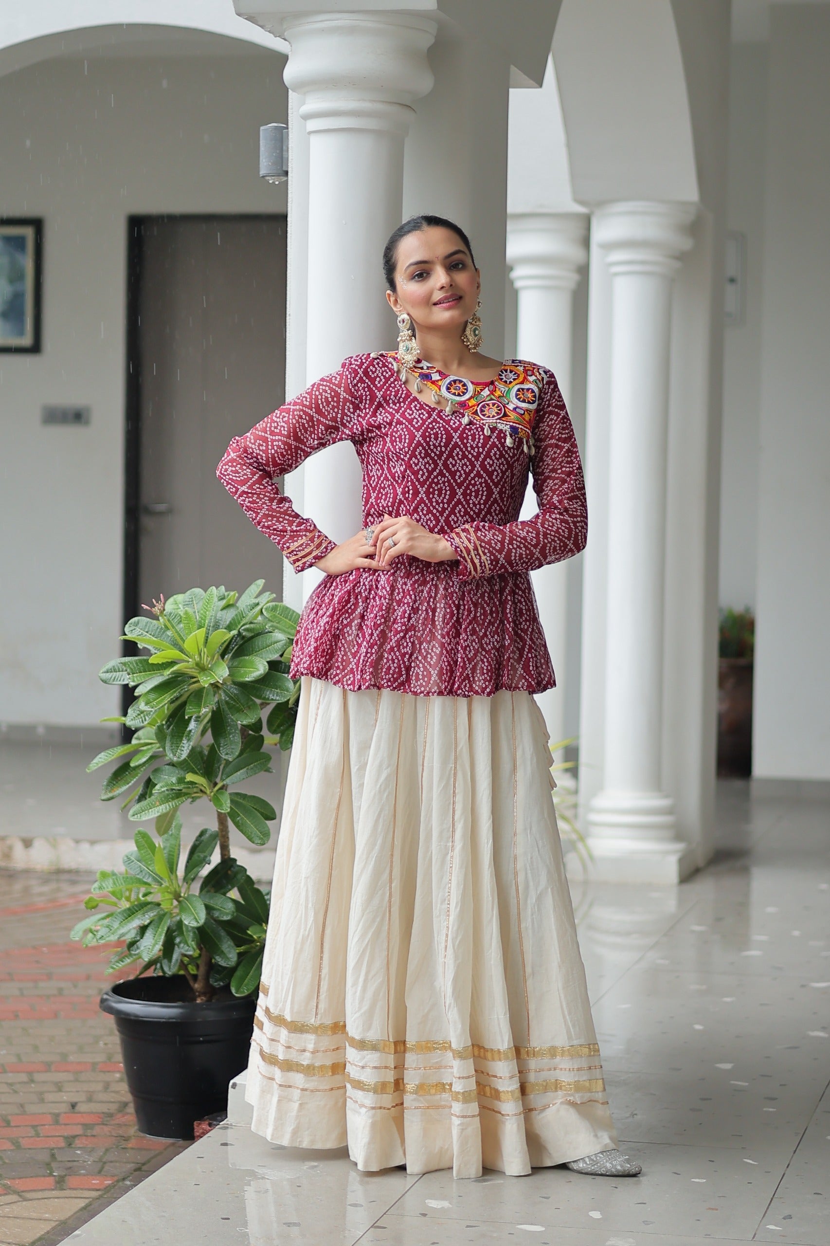 Wine Bandhani Print Navaratri Lehenga with Kutchi Gamthi Work