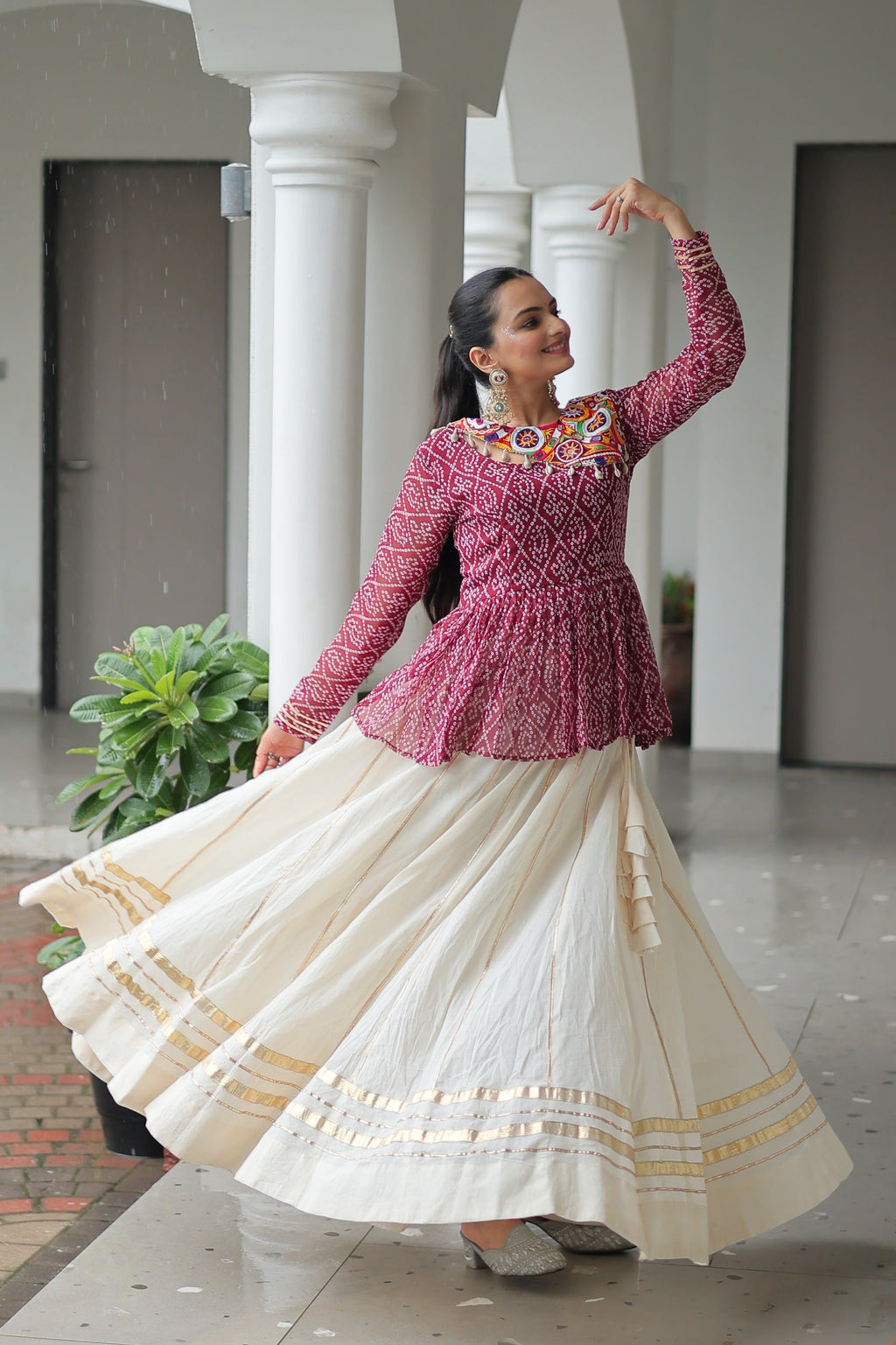 Wine Bandhani Print Navaratri Lehenga with Kutchi Gamthi Work