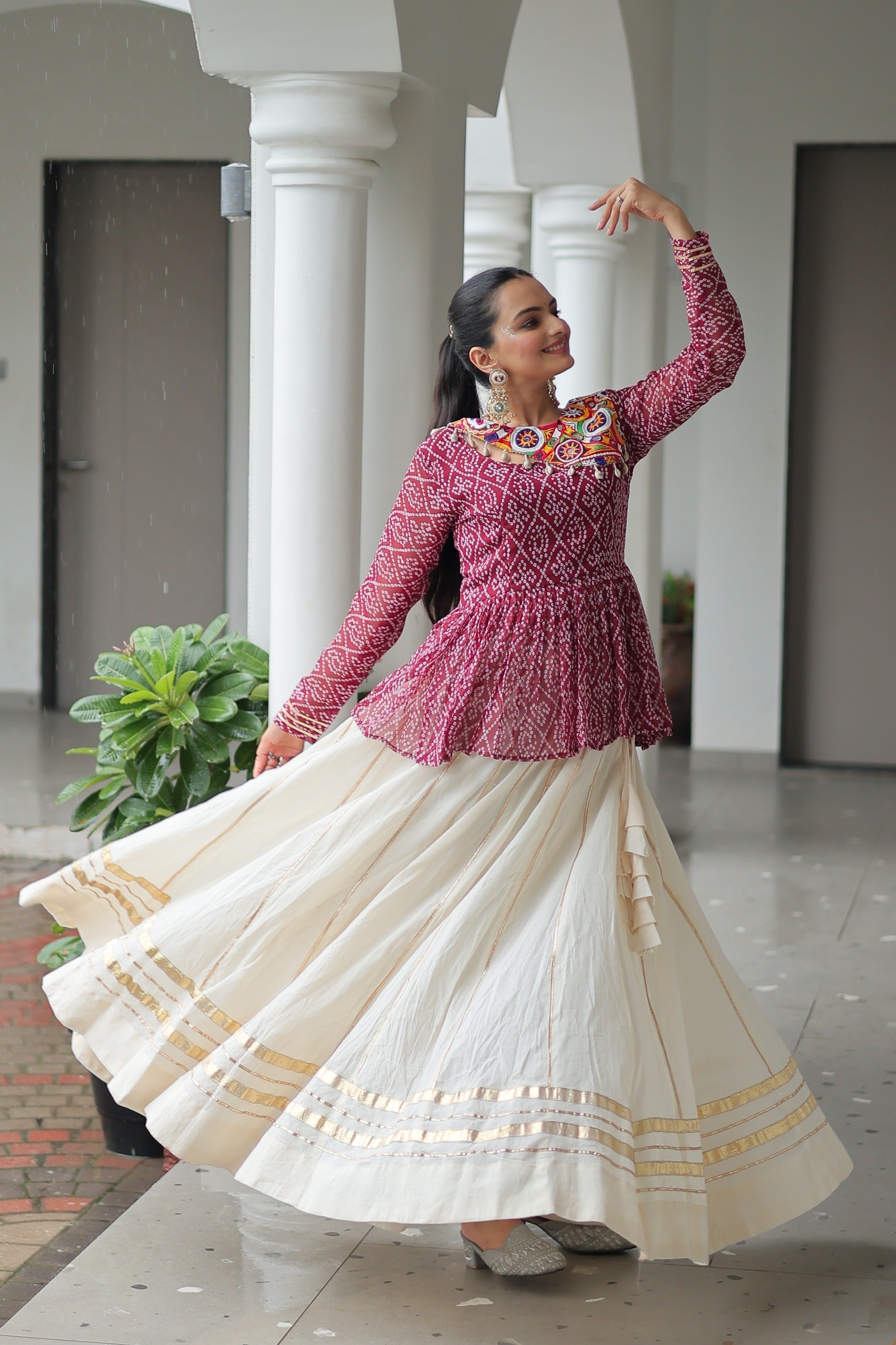 Wine Bandhani Print Navaratri Lehenga with Kutchi Gamthi Work
