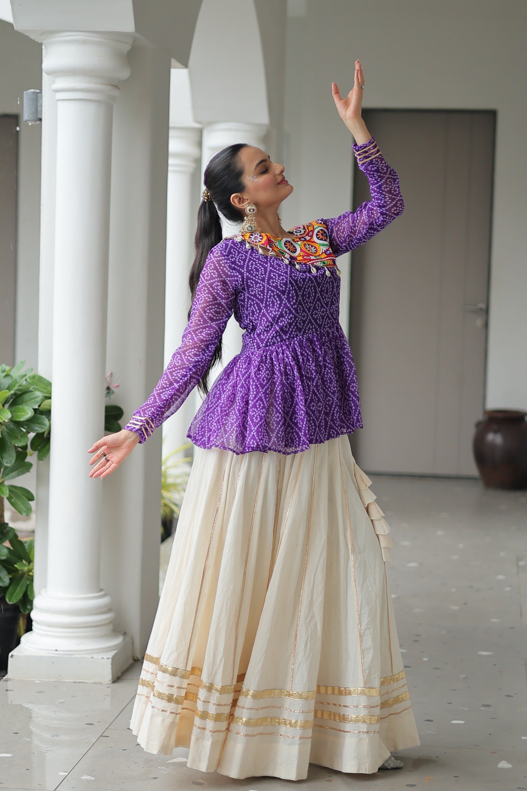 Prazu Fashion Violet Bandhani Print Work With Kutchi Gamthi Patchework Navaratri Lehenga