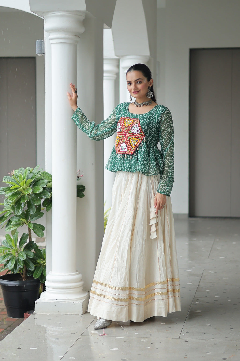 Green Bandhani Print Navratri Lehenga with Kutchi Gamthi Patchwork