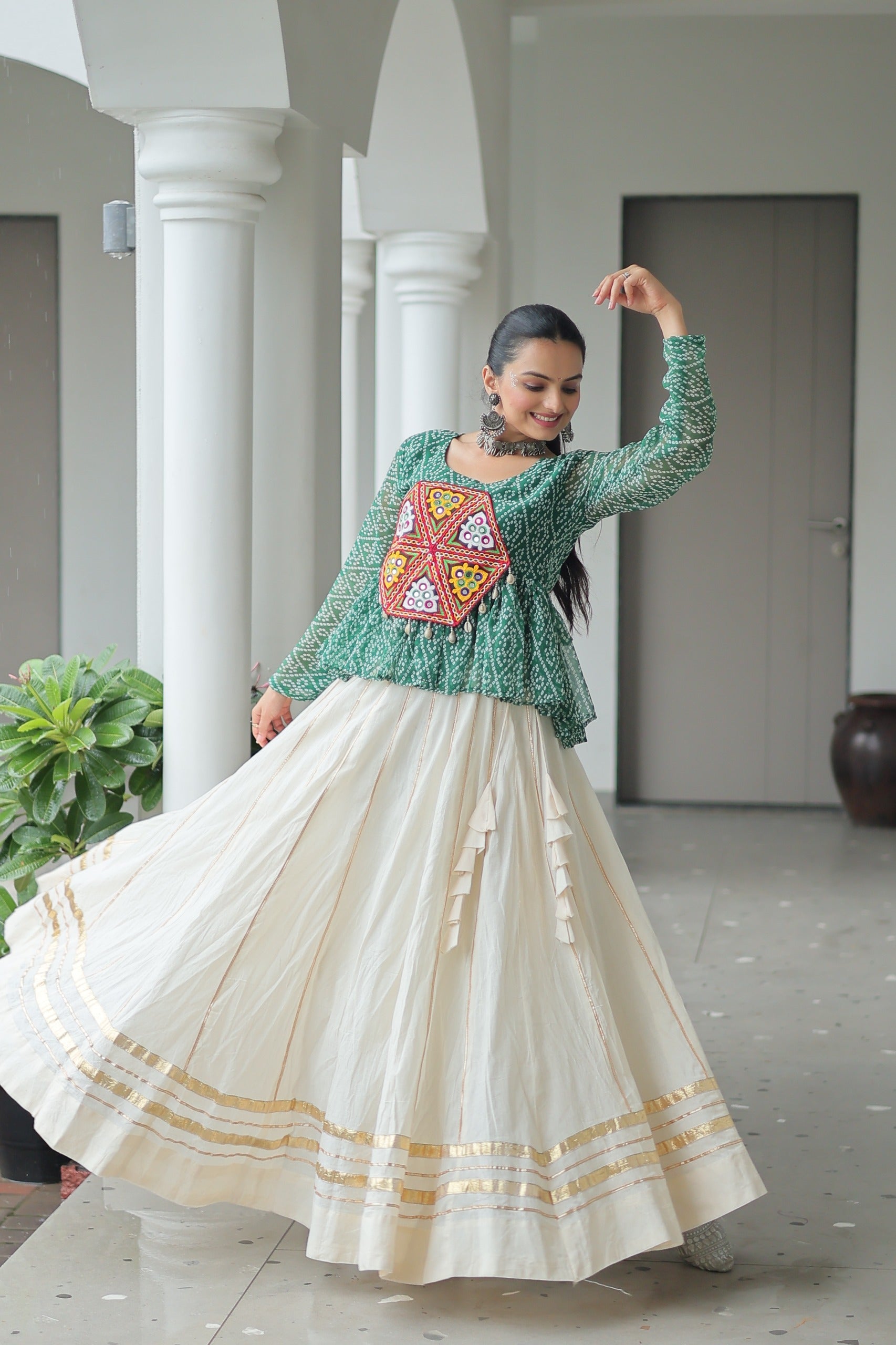 Green Bandhani Print Navratri Lehenga with Kutchi Gamthi Patchwork